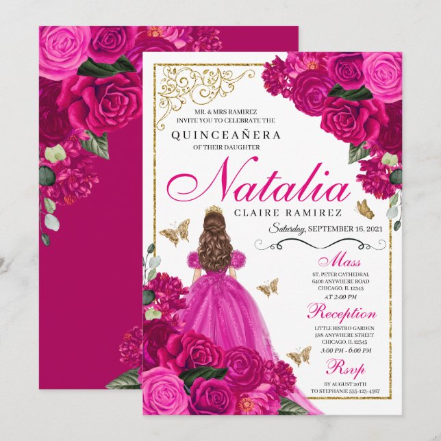 Fuchsia Pink Gold Princess Butterflies Quinceañera Invitation (Front/Back)