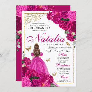 Fuchsia Pink Gold Princess Butterflies Quinceañera Invitation