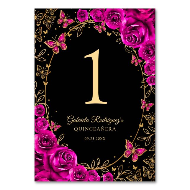 Fuchsia Pink Gold Quinceanera Table Number (Front)