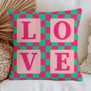 Fuchsia Pink& Green Chequered Pattern Love Cushion