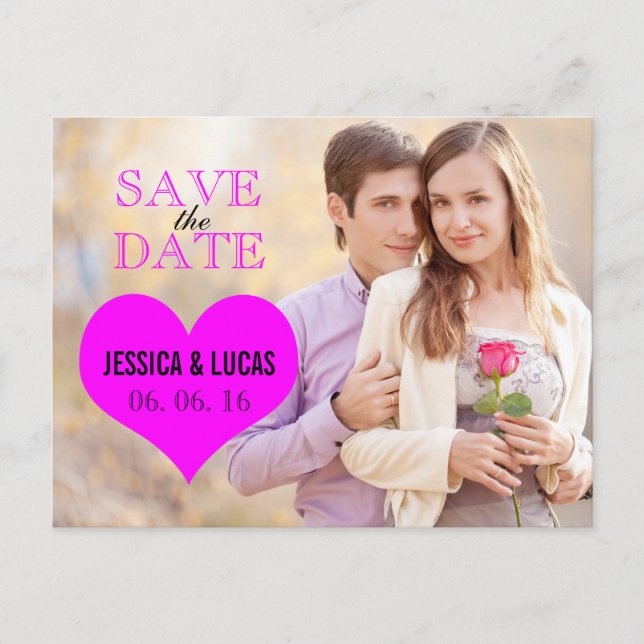 FUCHSIA PINK HEART PHOTO SAVE THE DATE ANNOUNCEMENT POSTCARD (Front)
