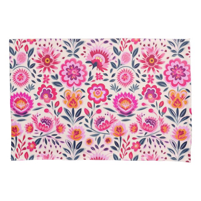 Fuchsia Pink Mexican Flowers Pattern Floral Pillowcase (Front)