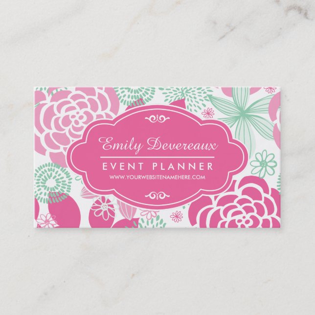 Fuchsia Pink Mint Green Girly Floral Personalised Business Card (Front)