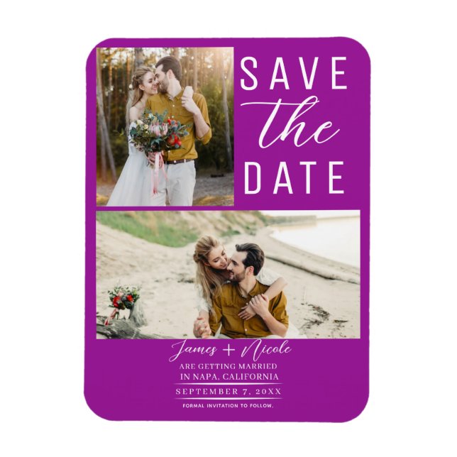 Fuchsia Pink Modern 2 Photos Save the Date Wedding Magnet (Vertical)