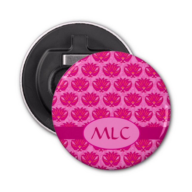 Fuchsia Pink Modern Art Nouveau Damask Monogram Bottle Opener (Front)