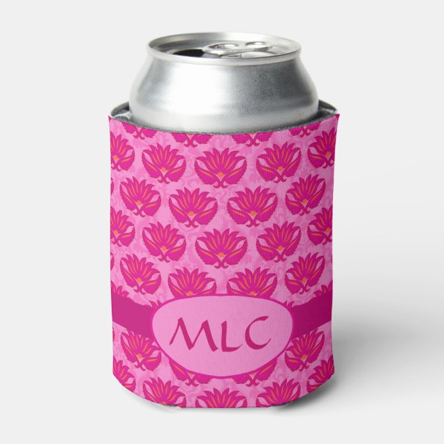 Fuchsia Pink Modern Art Nouveau Damask Monogram Can Cooler (Can Front)