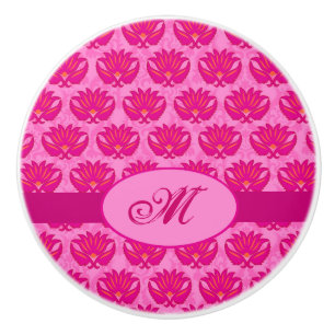 Fuchsia Pink Modern Art Nouveau Damask Monogram Ceramic Knob