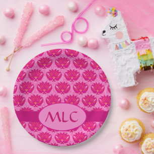 Fuchsia Pink Modern Art Nouveau Damask Monogram Paper Plate