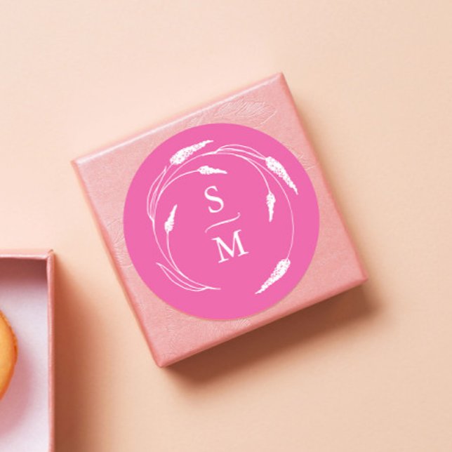 Fuchsia Pink Monogram Wedding Stickers (Wedding monogram favor stickers fuchsia pink floral line art by Victoria Grigaliunas Do Tell A Belle)