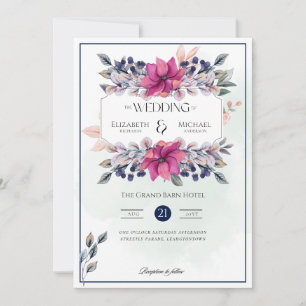 Fuchsia Pink Navy Blue Floral Chic Wedding Invitation