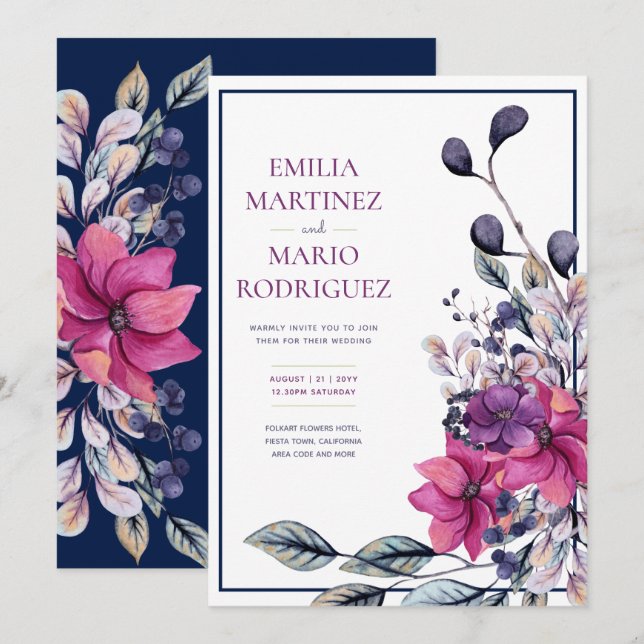 Fuchsia Pink Navy Blue Floral Wedding Invitation (Front/Back)