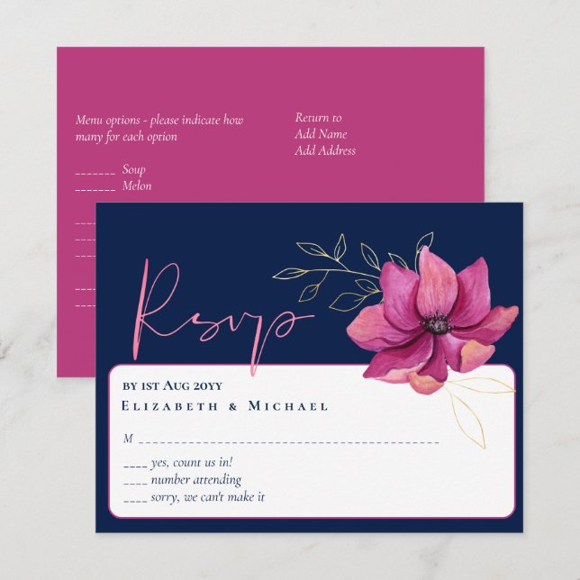 Fuchsia Pink Navy Blue Wedding RSVP Invitation (Front/Back)
