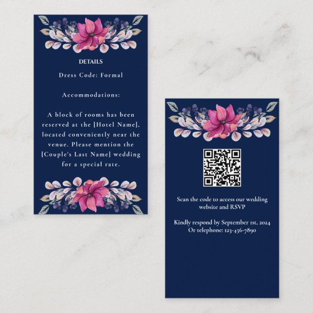 Fuchsia Pink Navy Details Enclosure RSVP QR Code Card (Front/Back)