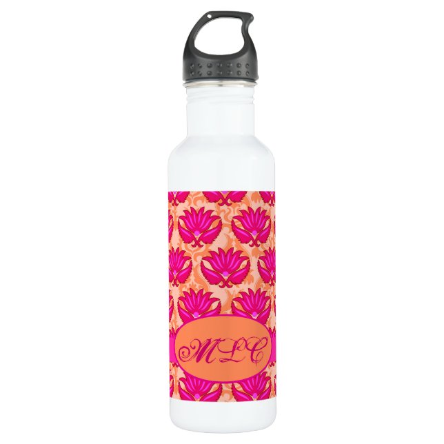Fuchsia Pink Orange Art Nouveau Damask Monogram 710 Ml Water Bottle (Front)