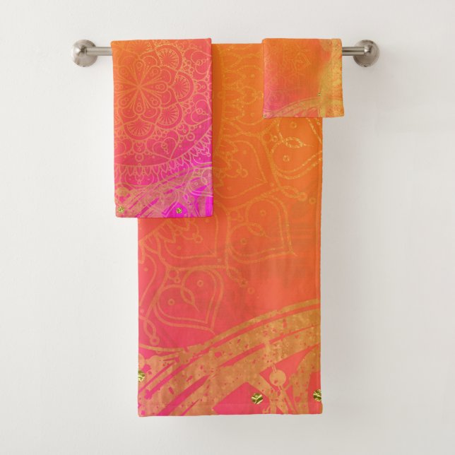 Fuchsia Pink Orange & Gold Indian Mandala Glam Bath Towel Set (Insitu)