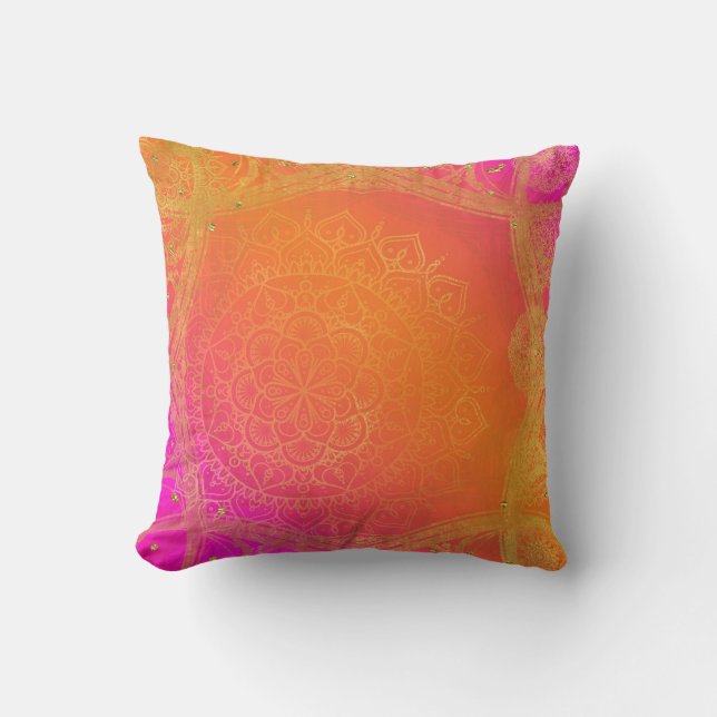 Fuchsia Pink Orange & Gold Indian Mandala Glam Cushion (Front)