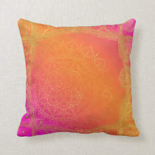 Fuchsia Pink Orange & Gold Indian Mandala Glam Cushion