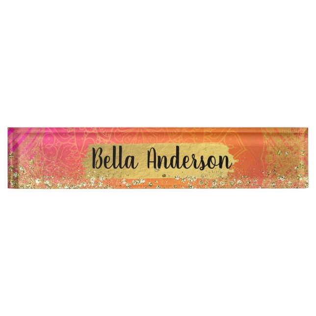 Fuchsia Pink Orange & Gold Indian Mandala Glam Nameplate (Front)