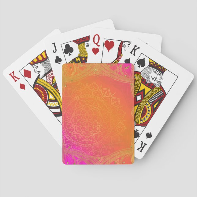Fuchsia Pink Orange & Gold Indian Mandala Glam Playing Cards (Back)