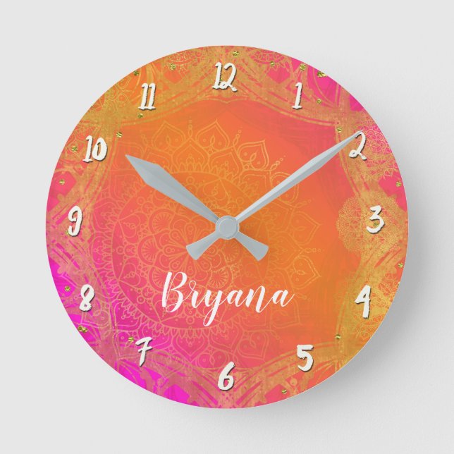 Fuchsia Pink Orange & Gold Indian Mandala Glam Round Clock (Front)
