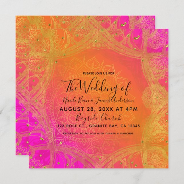 Fuchsia Pink Orange Gold Indian Mandala Wedding Invitation (Front/Back)