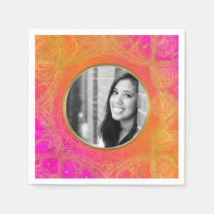 Fuchsia Pink Orange Gold Mandala PHOTO Party Napkin