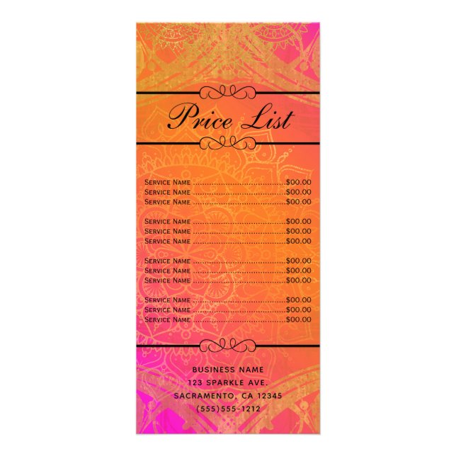 Fuchsia Pink Orange & Gold Mandala Price List Rack Card (Front)