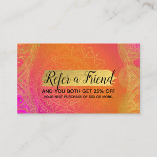 Fuchsia Pink Orange & Gold Mandala Refer a Friend Referral Card