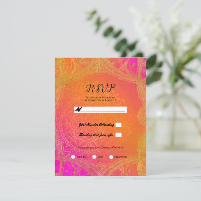 Fuchsia Pink Orange Gold Mandala Wedding RSVP  Invitation (Standing Front)