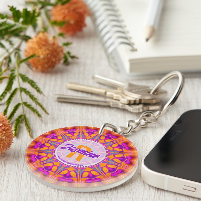 Fuchsia Pink Orange Monogram Key Ring (Front Right)