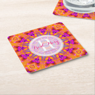 Fuchsia Pink Orange Monogram Paper Coasters