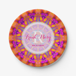Fuchsia Pink Orange Monogram Paper Plate