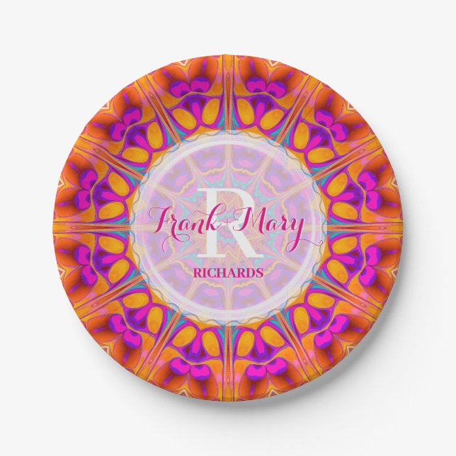 Fuchsia Pink Orange Monogram Paper Plate (Front)
