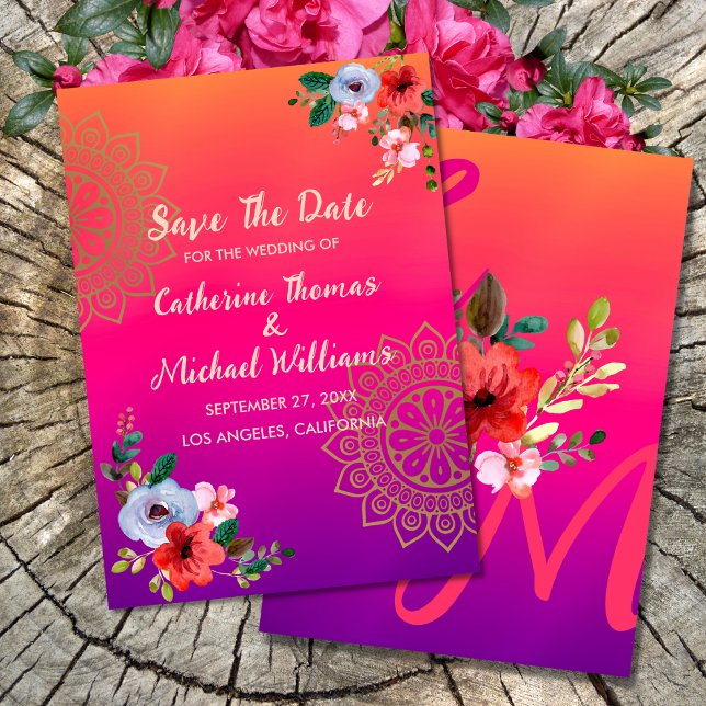 Fuchsia Pink Orange Purple Bright and Bold Floral  Save The Date (Creator Uploaded)