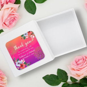 Fuchsia Pink Orange Purple Bright and Bold Floral  Square Sticker