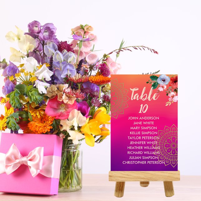 Fuchsia Pink Orange Purple Bright and Bold Floral  Table Number (Creator Uploaded)