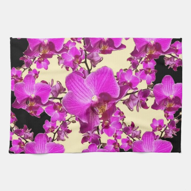 Fuchsia Pink Orchids Cream & Black Pattern Gifts Tea Towel (Horizontal)