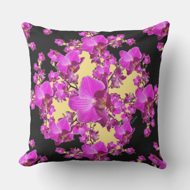 Fuchsia Pink Orchids Cream & Black Pattern Outdoor Cushion (Front)