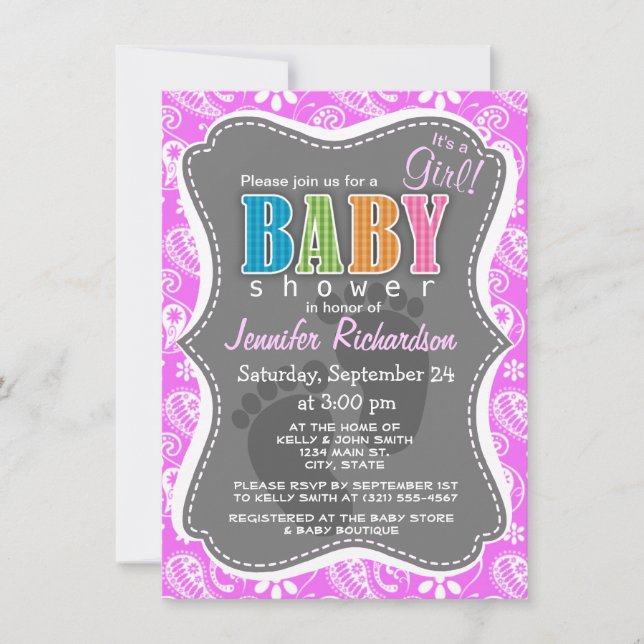 Fuchsia Pink Paisley; Floral Invitation (Front)