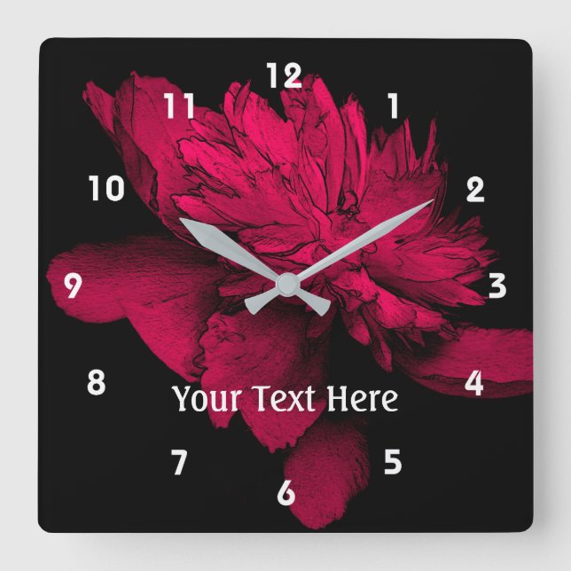 Fuchsia Pink Peony Flower Art Personalised Square Wall Clock (Front)