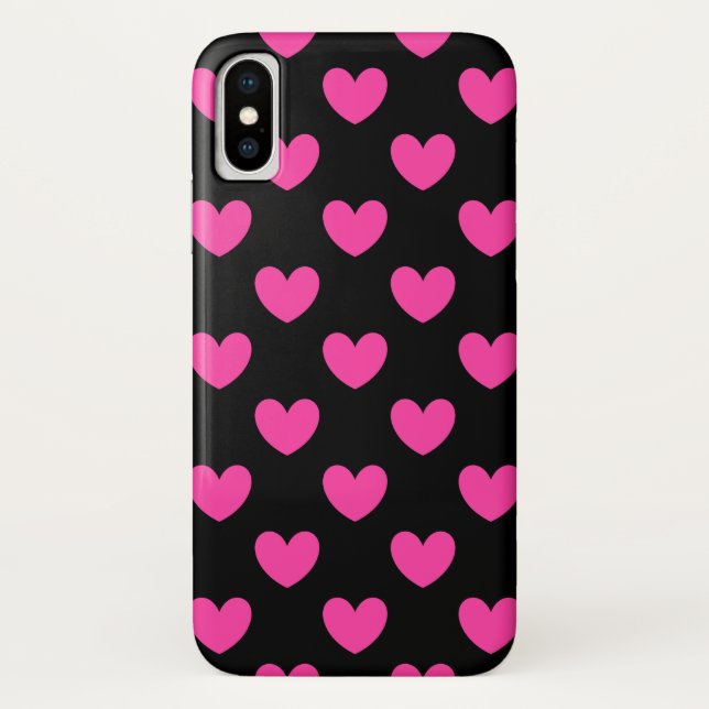 Fuchsia pink polka hearts on black Case-Mate iPhone case (Back)