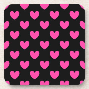 Fuchsia pink polka hearts on black coaster