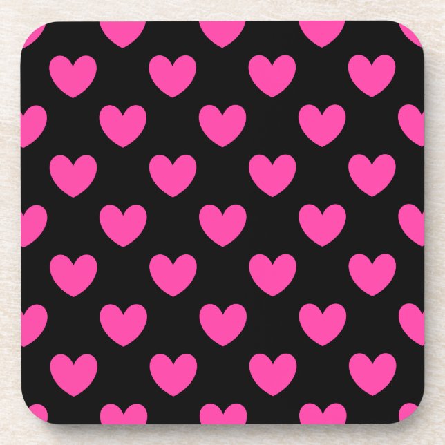 Fuchsia pink polka hearts on black coaster (Front)