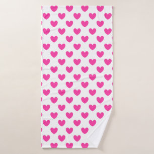 Fuchsia pink polka hearts on white bath towel