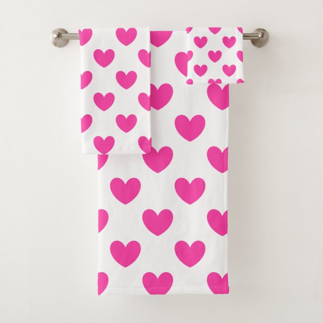 Fuchsia pink polka hearts on white bath towel set (Insitu)