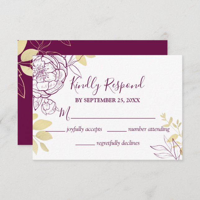 Fuchsia Pink Purple & Gold Peony Floral Wedding RSVP Card (Front/Back)