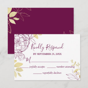 Fuchsia Pink Purple & Gold Peony Floral Wedding RSVP Card