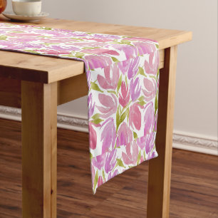 Fuchsia Pink Purple Watercolor Floral Long Table Runner