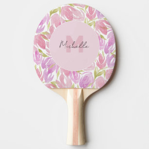Fuchsia Pink Purple Watercolor Floral Monogram Ping Pong Paddle