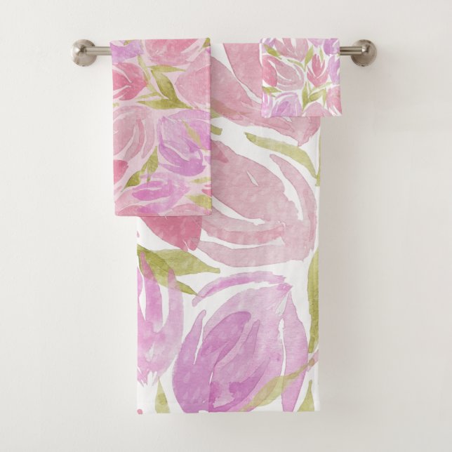Fuchsia Pink Purple Watercolor Flowers Pattern Bath Towel Set (Insitu)